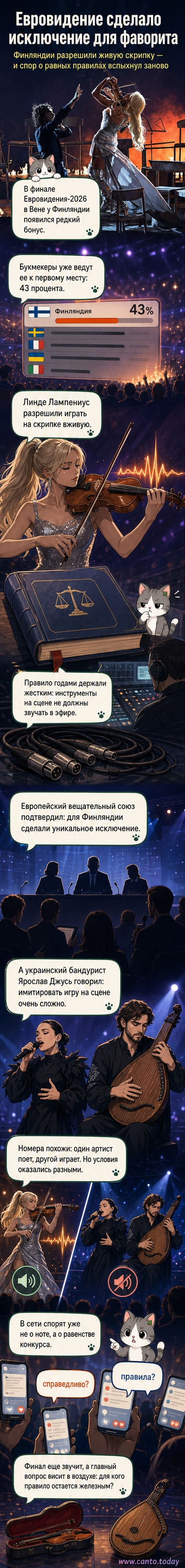 Иллюстрация: женщина играет на скрипке на сцене Евровидения под светящимся куполом, позади — флаг Финляндии.