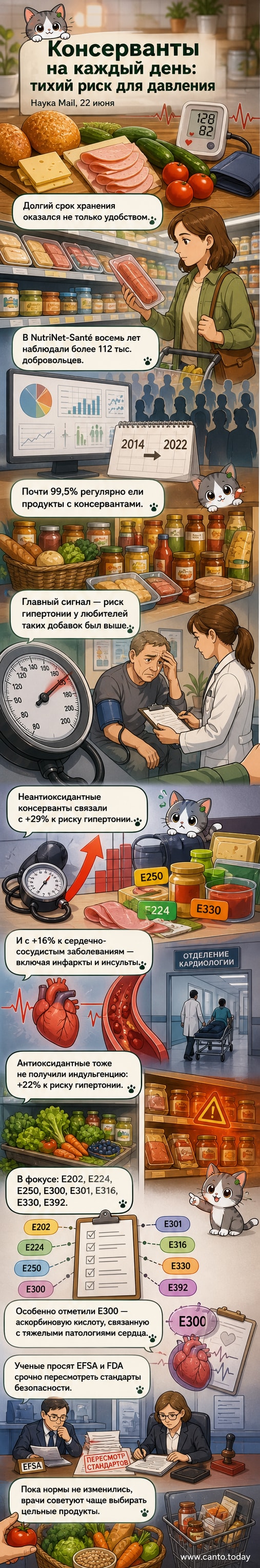 Иллюстрация продуктов с этикетками, на которых выделены пищевые добавки E202, E250, E300 и другие, с предупреждающими значками вокруг