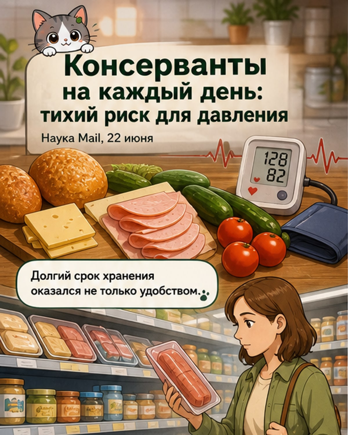 Иллюстрация продуктов с этикетками, на которых выделены пищевые добавки E202, E250, E300 и другие, с предупреждающими значками вокруг