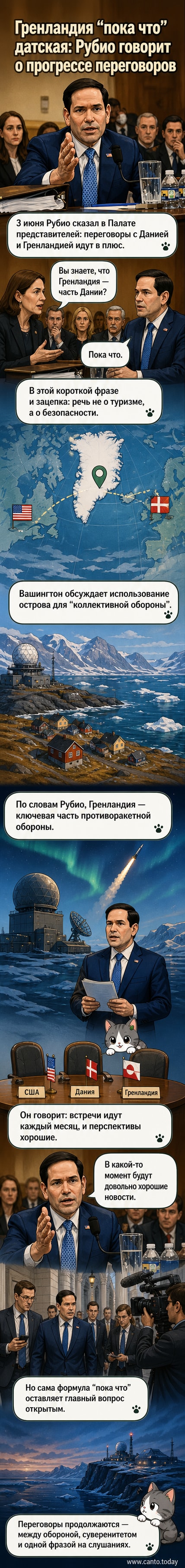 Иллюстрация: карта Северной Атлантики с выделенной Гренландией, на фоне военных баз и диалога между США и Данией.