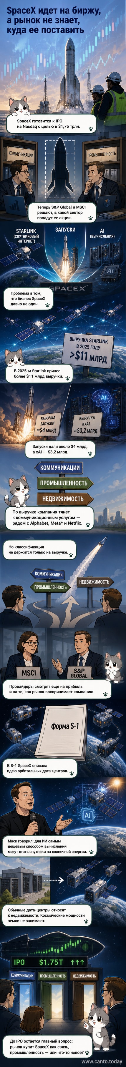 Иллюстрация: ракета SpaceX на фоне биржевых графиков и трёх возможных секторов — коммуникации, промышленность, недвижимость.