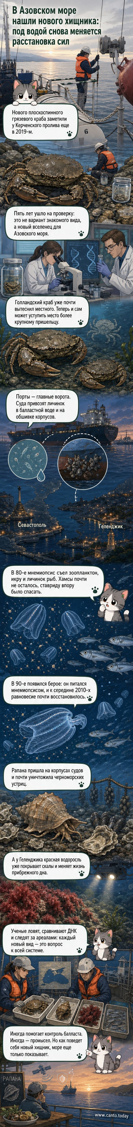Иллюстрация: подводная сцена в Азовском море, где плоскоспинный грязевой краб с американских берегов сталкивается с местными обитателями — голландским крабом и мальками рыб.