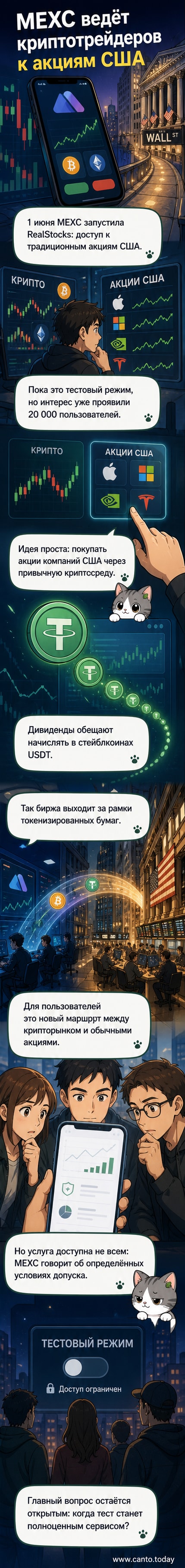 Иллюстрация: логотип MEXC рядом с графиком роста и символами акций и криптовалюты