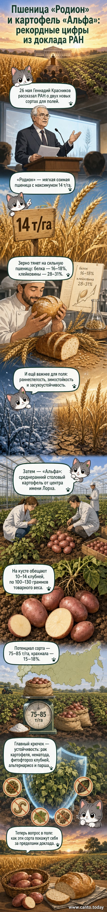 Иллюстрация: два учёных в поле показывают новые сорта пшеницы и картофеля, на заднем плане — лаборатория и колоски пшеницы.