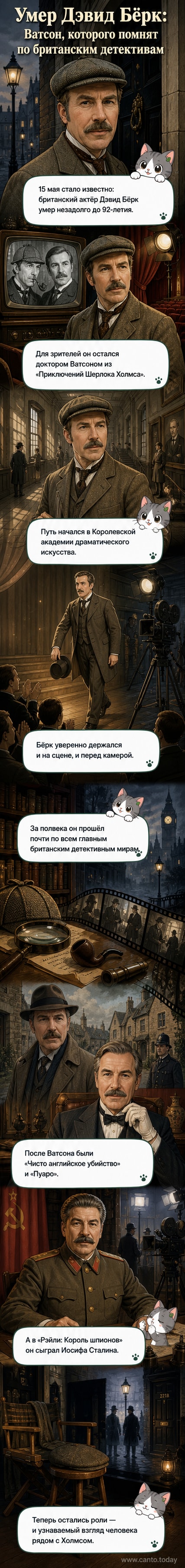 Чёрно-белый кадр из сериала «Приключения Шерлока Холмса»: Дэвид Бёрк в роли доктора Ватсона стоит рядом с Джереми Бреттом как Холмсом на фоне лондонской улицы