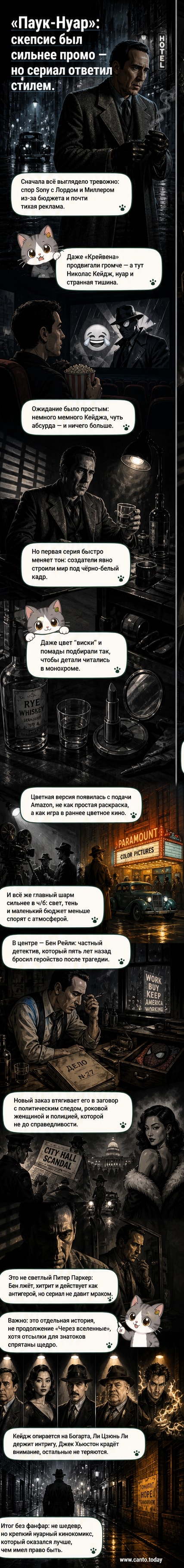 Черно-белый кадр сериала «Паук-Нуар»: Николас Кейдж в шляпе и плаще стоит в тускло освещённом переулке, держа в руке пистолет.