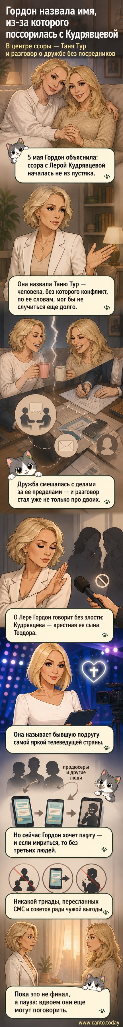 Иллюстрация: две женщины в элегантных нарядах отворачиваются друг от друга на фоне телевизионной сцены, третья фигура — в тени между ними.