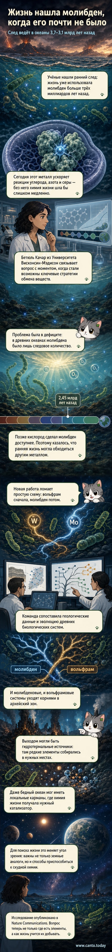 Иллюстрация древнего океана с гидротермальными источниками и микроскопическими организмами, использующими молибден в своих ферментах