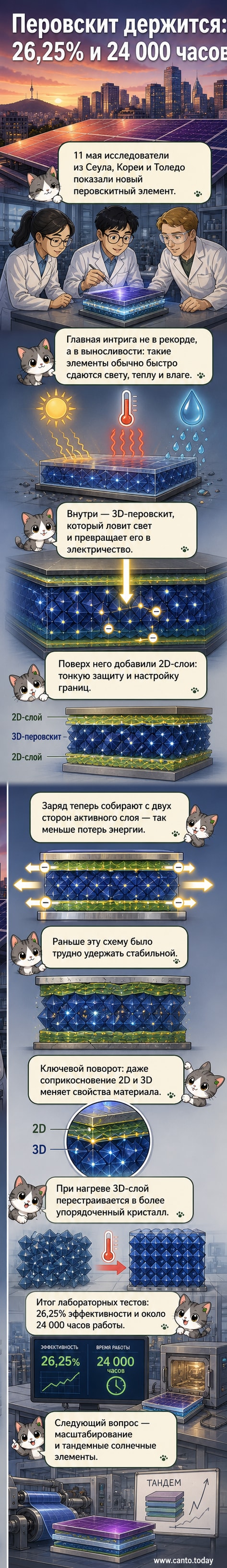 Иллюстрация перовскитного солнечного элемента с двумя слоями — 3D и 2D — и схемой преобразования света в электричество, фон — солнечная электростанция будущего.
