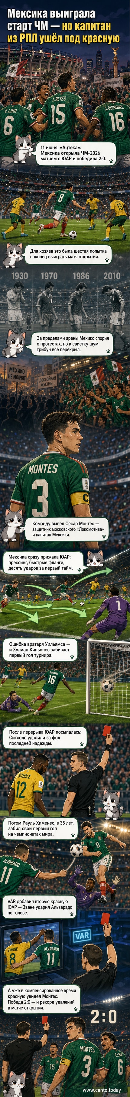Футболисты сборной Мексики празднуют победу на фоне трибун стадиона «Ацтека» под дождём, один игрок держится за капитанскую повязку, на табло — счёт 2:0.