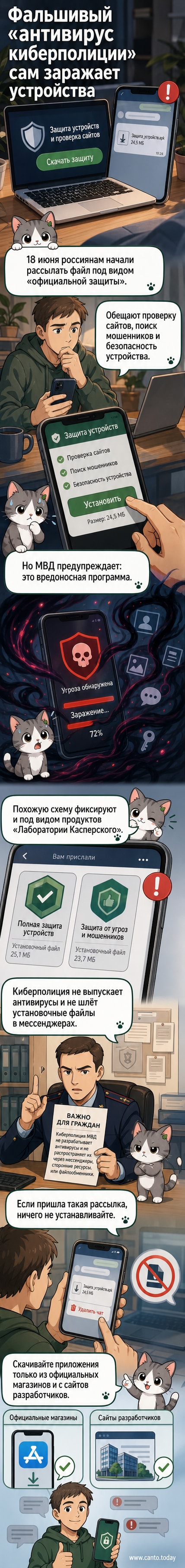 Иллюстрация: смартфон с уведомлением о якобы официальном антивирусе от киберполиции, на заднем плане — скрытые угрозы и вредоносные символы