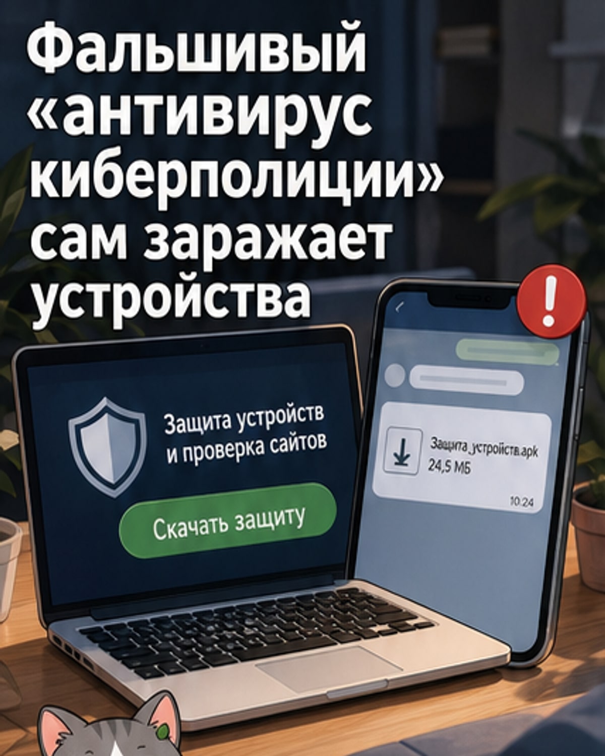 Иллюстрация: смартфон с уведомлением о якобы официальном антивирусе от киберполиции, на заднем плане — скрытые угрозы и вредоносные символы
