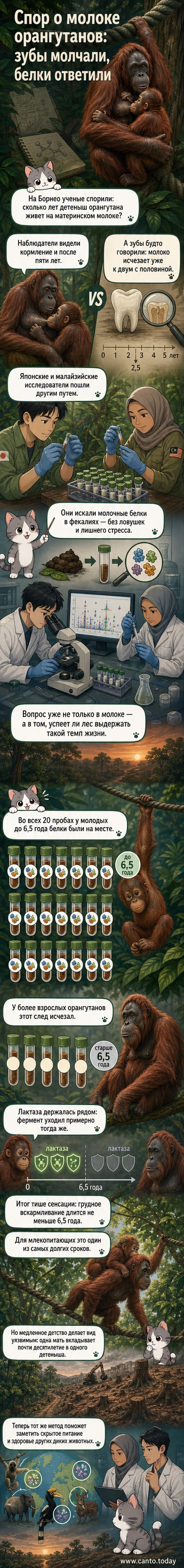 Иллюстрация: самка орангутана с детёнышем на руках в тропическом лесу, рядом — схематичное изображение анализа фекалий и графика с белками молока