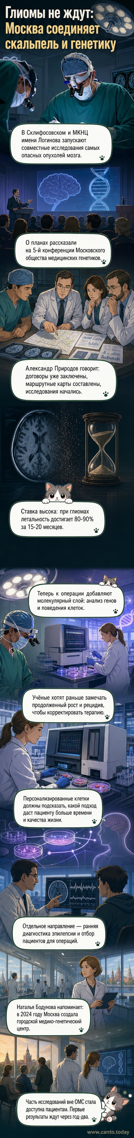 Иллюстрация: два учёных — нейрохирург в халате и генетик с микроскопом — обмениваются данными у 3D-модели мозга с подсвеченными опухолями