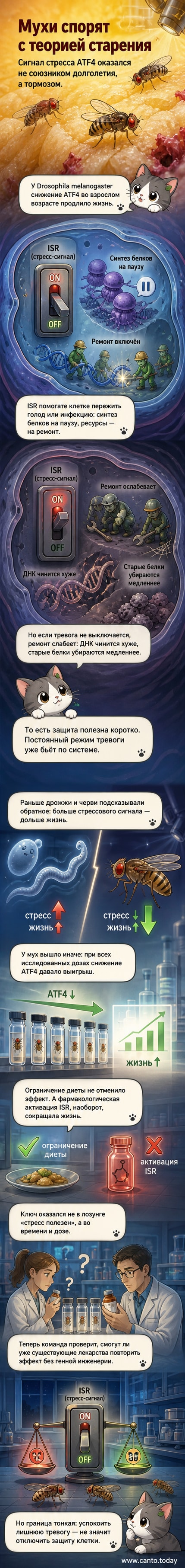 Иллюстрация: плодовая мушка на фоне клеточной структуры с обозначением белка ATF4 и стрессовых сигналов