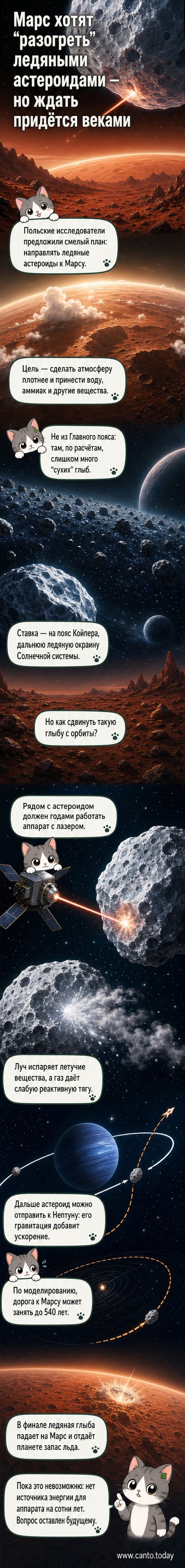 Иллюстрация: космический аппарат с лазером направляет астероид с льдом к Марсу, на фоне — траектория движения и Нептун как гравитационный ускоритель
