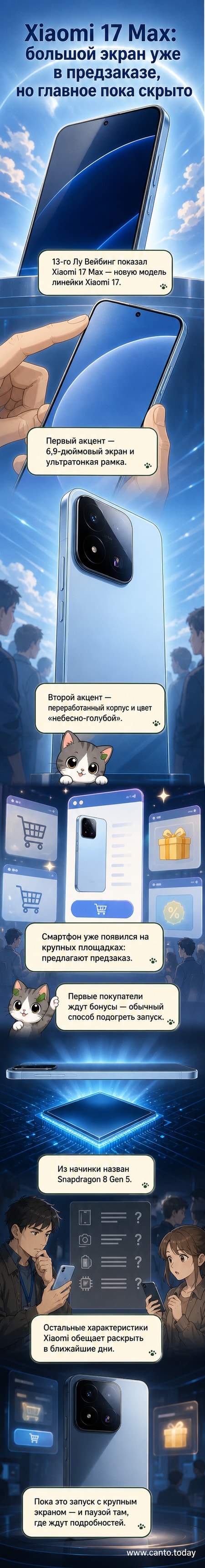 Смартфон Xiaomi 17 Max с большим экраном и тонкой рамкой, вид спереди и сбоку, подсвеченный синим светом