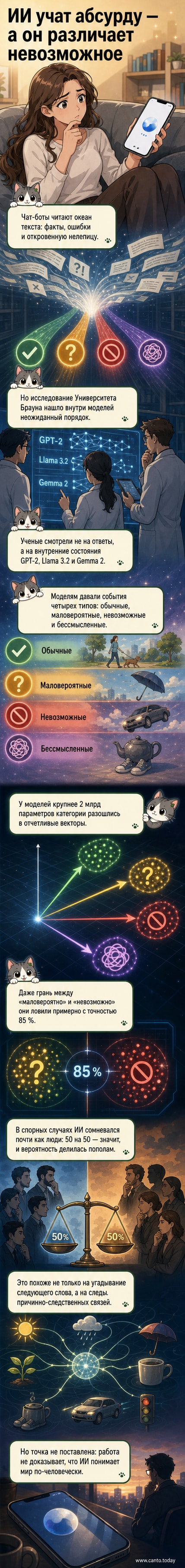 Иллюстрация: нейросеть в форме мозга анализирует события — от логичных до абсурдных, с градацией правдоподобия