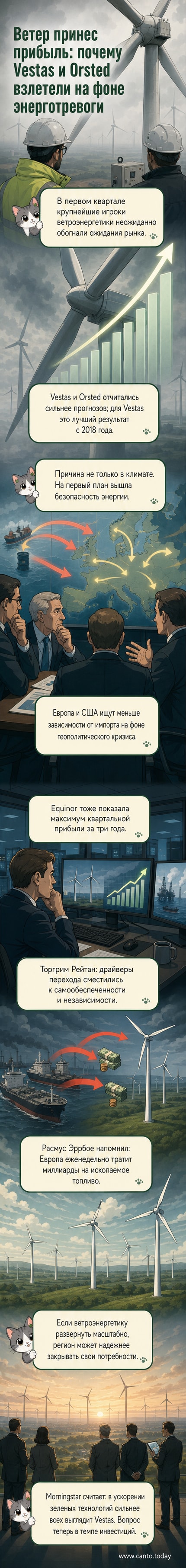 Иллюстрация: ветряки на фоне карты Европы и США, с графиком роста прибыли и символами энергетической независимости