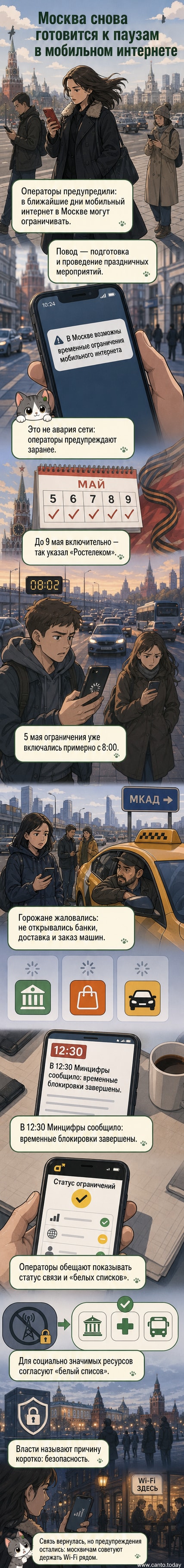Иллюстрация: жители Москвы с телефонами, один из экранов показывает значок отсутствия сигнала, рядом — символы праздничных мероприятий и щит с надписью «Безопасность»