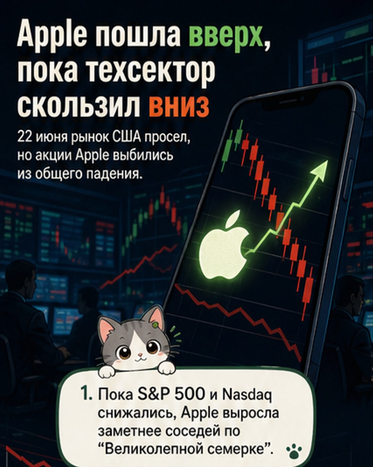 График роста акций Apple на фоне падения других технологических компаний США, с изображением логотипов Apple, Alphabet и Microsoft