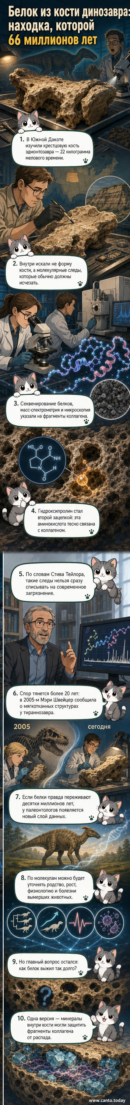 Иллюстрация: учёные исследуют крупную кость динозавра под микроскопом, на заднем плане — пустынный пейзаж формации Хелл-Крик