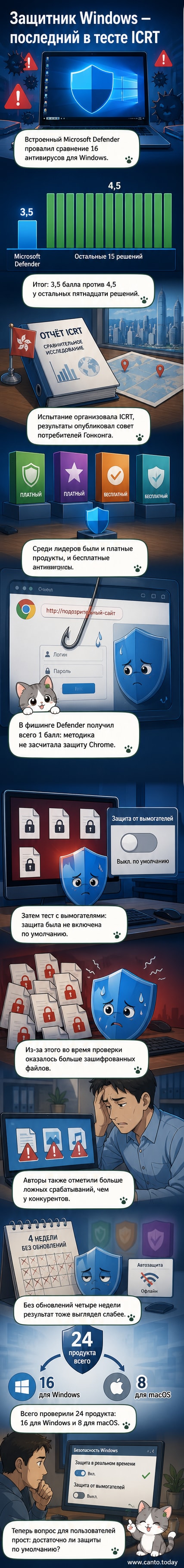 Иллюстрация: щит Microsoft Defender с трещиной, фон — значки браузеров и файлов с замками и предупреждениями