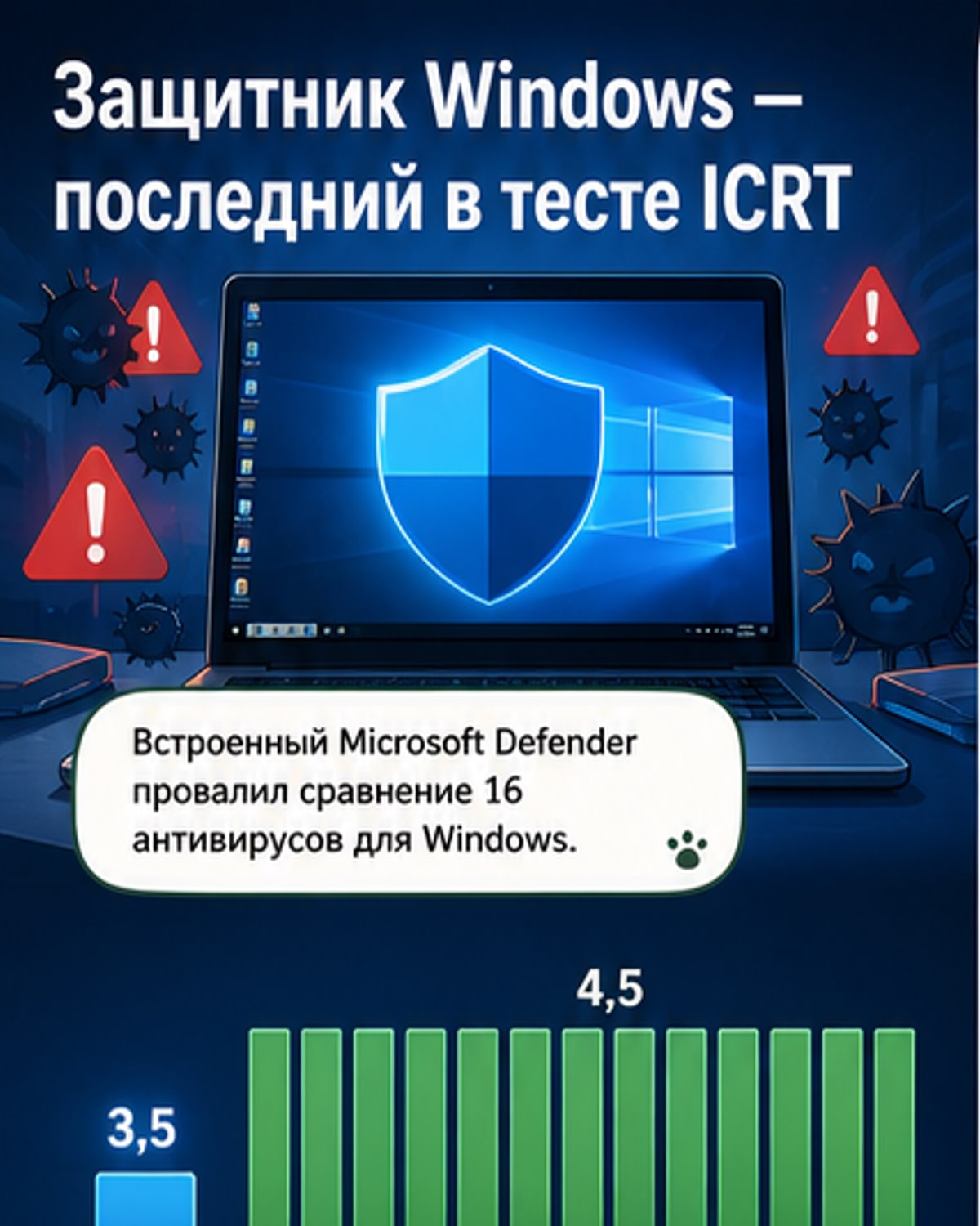 Defender — последний в тесте антивирусов