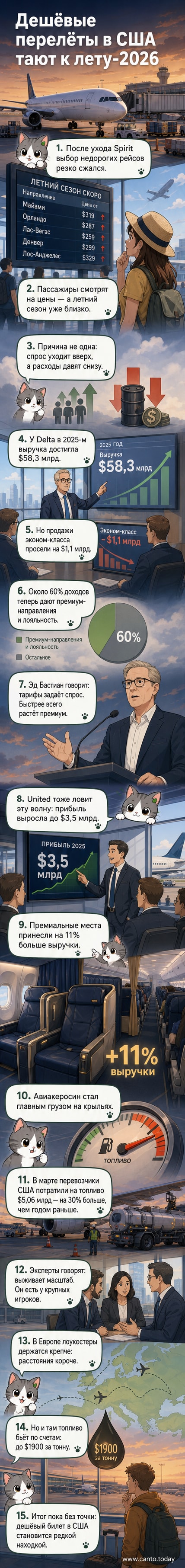 Иллюстрация: два самолёта — один с логотипом лоукостера и низкой ценой, другой — крупной авиакомпании с премиум-обозначением; фон — график роста цен на топливо.