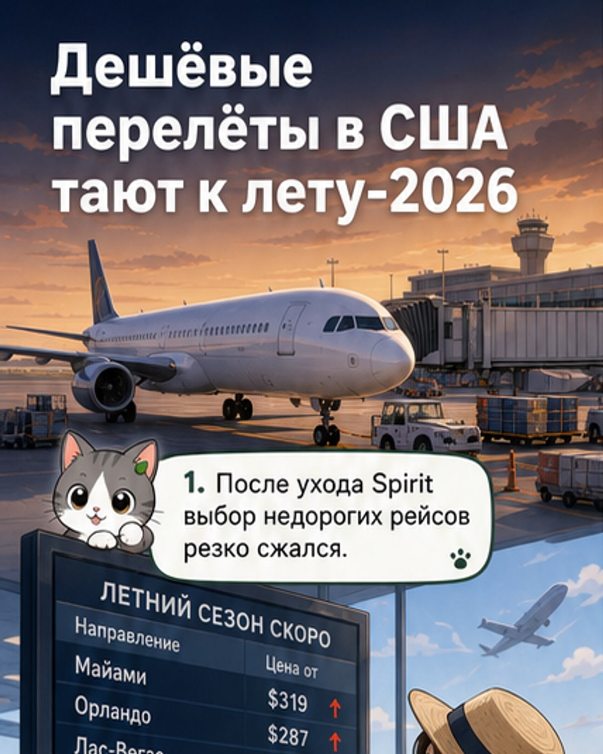 Иллюстрация: два самолёта — один с логотипом лоукостера и низкой ценой, другой — крупной авиакомпании с премиум-обозначением; фон — график роста цен на топливо.