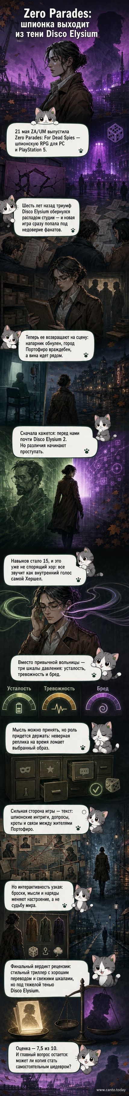 Обложка игры Zero Parades: For Dead Spies — силуэт женщины-шпиона в плаще на фоне мрачного портового города с неоновыми вывесками