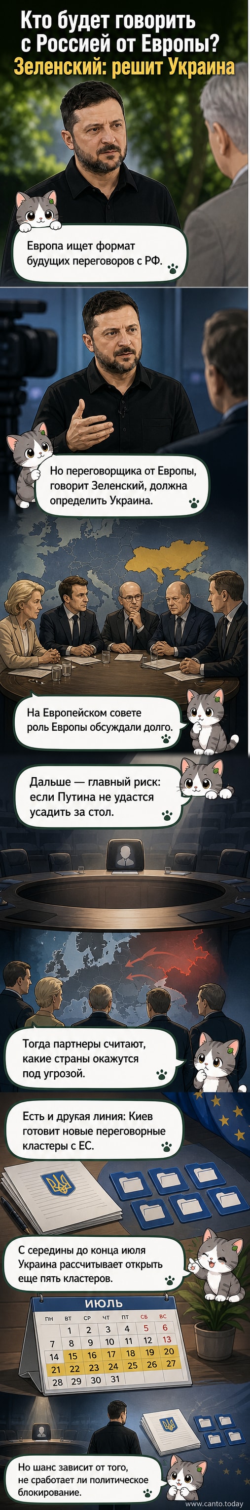 Иллюстрация: Зеленский стоит перед картой Европы, указывая на место для переговорщика от ЕС