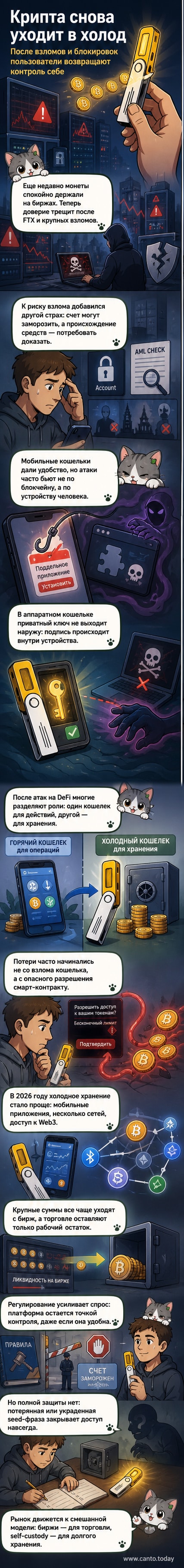 Иллюстрация: человек держит в руках аппаратный криптокошелёк, на заднем плане — взломанные биржи и фишинговые сайты.