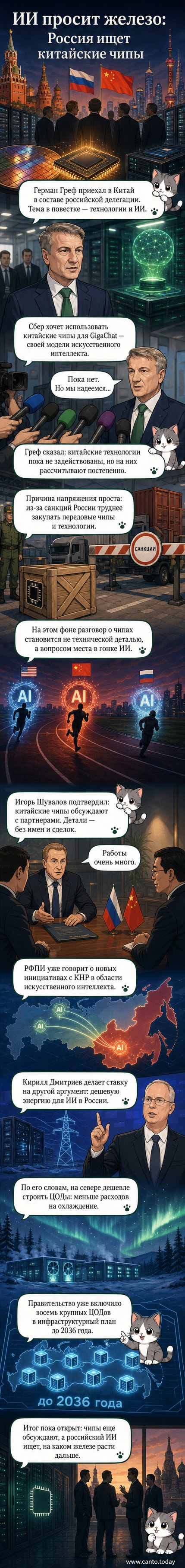 Иллюстрация: два сервера — один с флагом США, другой с флагом Китая — и схематичная карта России с дата-центром на севере, где холодный климат помогает снизить расходы на охлаждение.