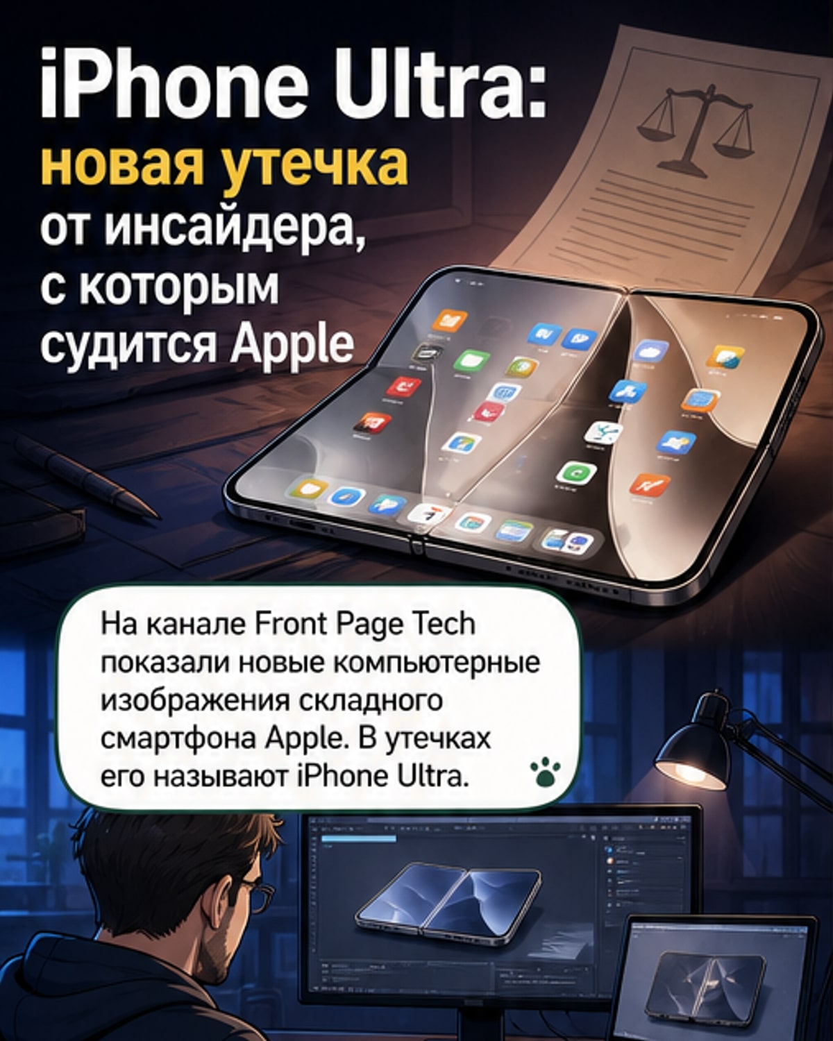 Рендер складного смартфона Apple в раскрытом виде с тонким корпусом, двумя камерами и почти незаметной складкой по центру.