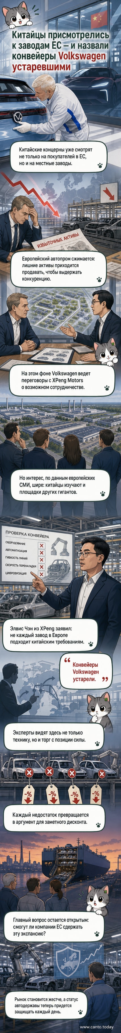 Иллюстрация: китайский автопроизводитель оценивает устаревший европейский автозавод с флагами ЕС и КНР на фоне