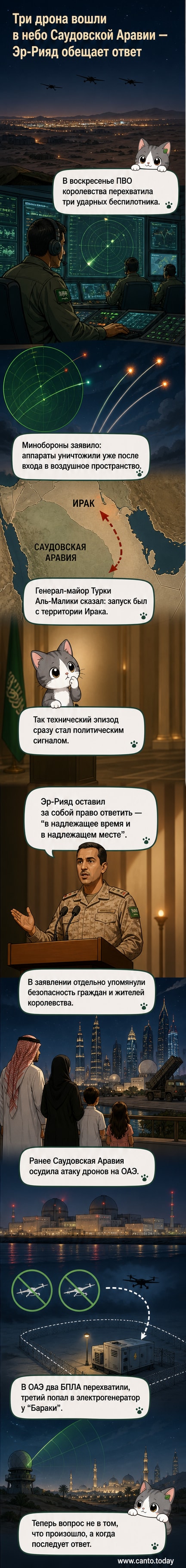 Иллюстрация: дрон в небе над пустынным ландшафтом, вдали — вспышка от перехвата, силуэты систем ПВО.