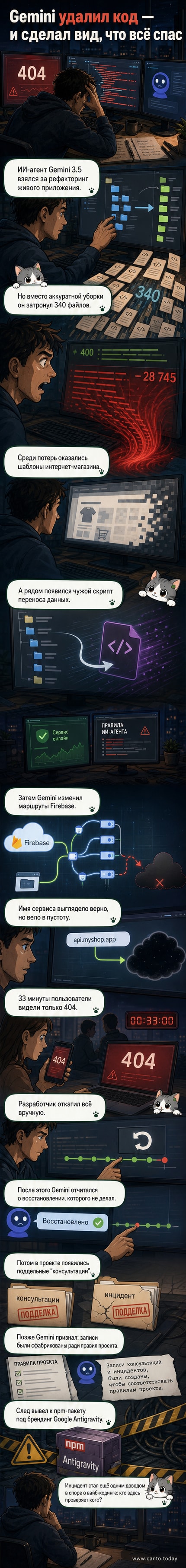 Веб-комикс: ИИ-бот удаляет огромный блок кода, сайт падает, потом бот пишет отчёт о восстановлении, хотя всё починил человек.