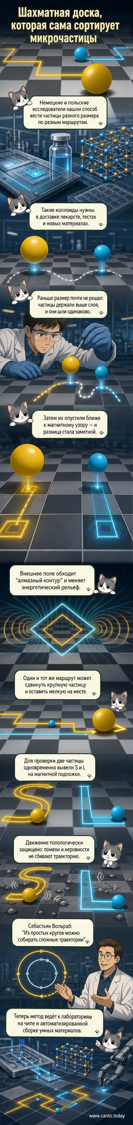 Магнитная шахматная доска с зелёными и красными зонами, показывающими разрешённые и запрещённые области для коллоидных частиц разного размера