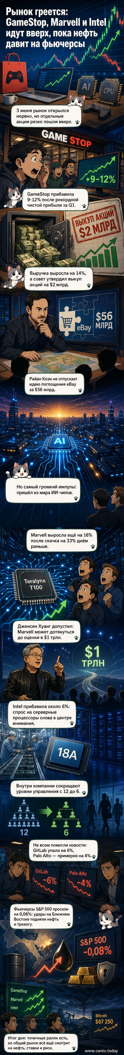 Три графика роста акций GameStop, Marvell и Intel на фоне цифровых чипов и логотипов компаний
