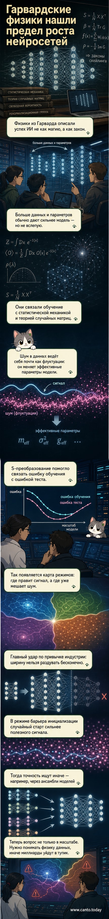 Иллюстрация: абстрактная сеть из светящихся нейронов, перетекающая в формулы и графики, символизирующие физические законы и ИИ