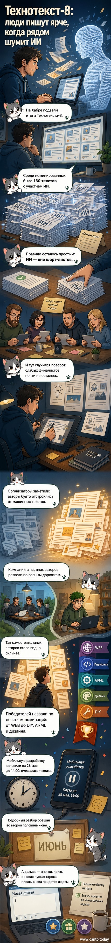 Иллюстрация к финалу конкурса «Технотекст-8»: два автора — один с блокнотом, другой с роботизированной рукой — сдают тексты в жюри, где сидят люди в очках и с бумагами. На заднем плане — логотип Хабра и надпись «Технотекст».