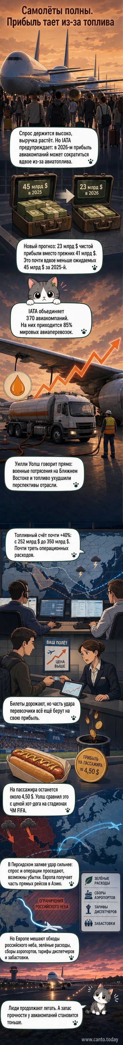 Иллюстрация: самолёт в небе над волной роста цен на топливо, с графиком падающей прибыли внизу