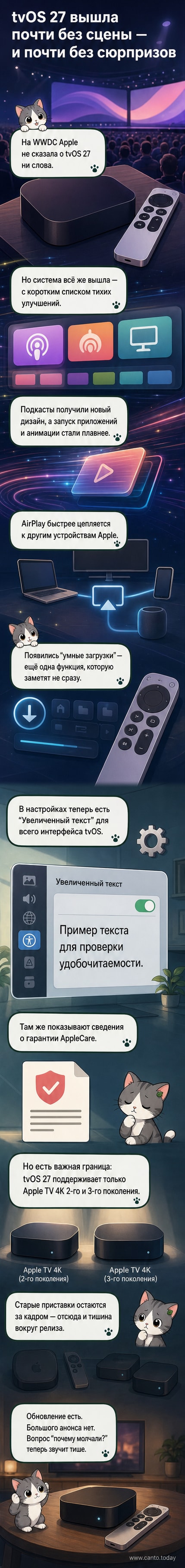 Экран Apple TV с обновлённым интерфейсом tvOS 27: крупный текст, новое приложение Подкасты и плавные анимации.