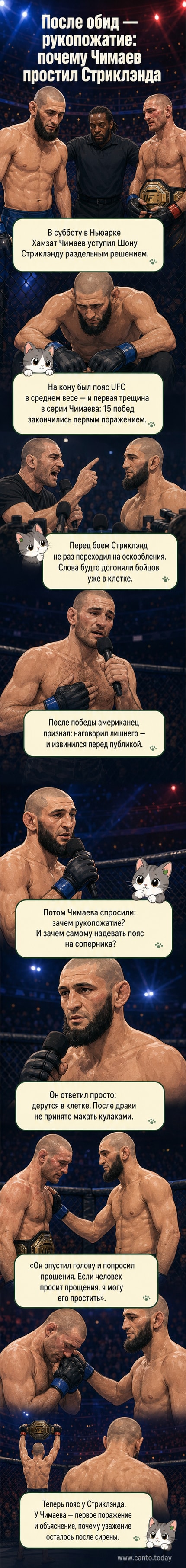 Хамзат Чимаев пожимает руку Шону Стриклэнду после поражения в титульном бою UFC в Ньюарке.
