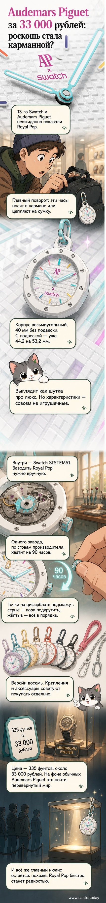 Яркие восьмиугольные карманные часы Royal Pop в разных цветовых версиях на фоне цепочки и сумки — результат коллаборации Audemars Piguet и Swatch.