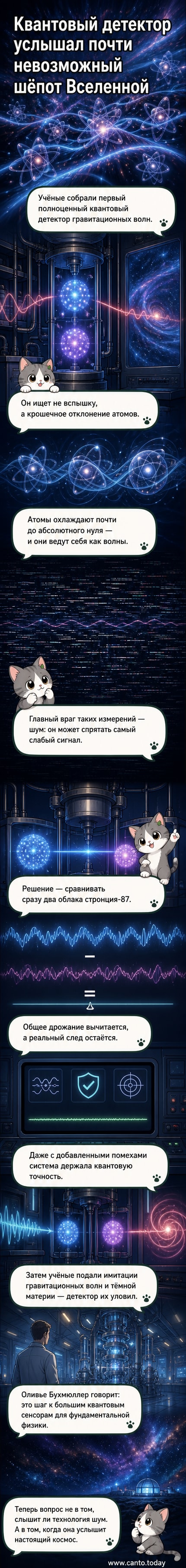 Иллюстрация: два облака атомов стронция в вакуумной камере, соединённые интерференционными волнами, на фоне космического пространства