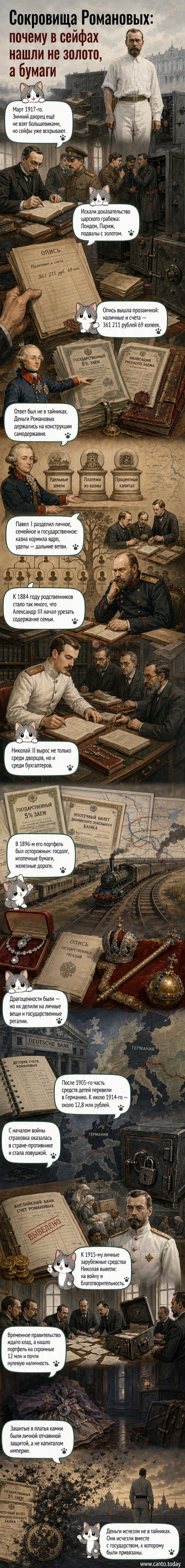 Историческая иллюстрация: вскрытие сейфов в Зимнем дворце в 1917 году, чиновники Временного правительства просматривают документы и скудные наличные, на заднем плане — картины и мебель дворца.