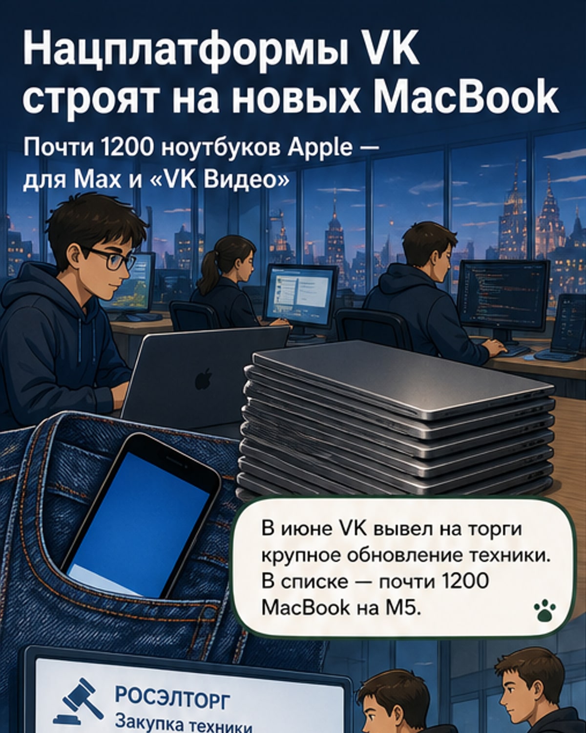 Серый MacBook Pro на фоне логотипа VK и иконок приложений Max и VK Видео, рядом — телевизор и смартфон с интерфейсом сервисов