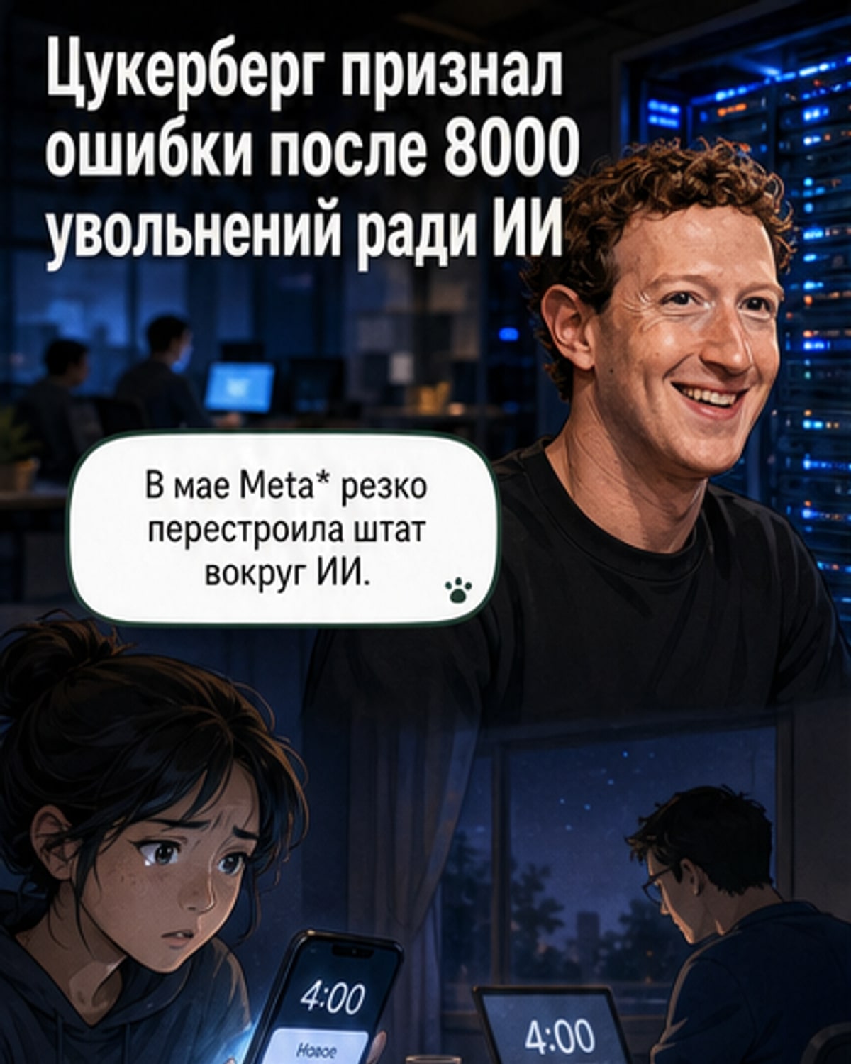 Иллюстрация: Марк Цукерберг смотрит на экран с графиком сокращений и ИИ-серверами, внизу — толпа сотрудников с табличками 'уволен' и 'переобучен'.